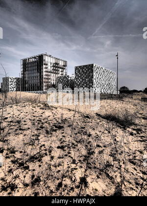 The Hague, Netherlands - March 27, 2016: The new International Criminal Court at the 2015 opened building in dramatic tone. Stock Photo