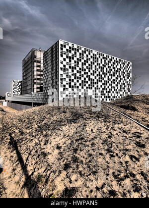 The Hague, Netherlands - March 27, 2016: The new International Criminal Court at the 2015 opened building in dramatic tone. Stock Photo