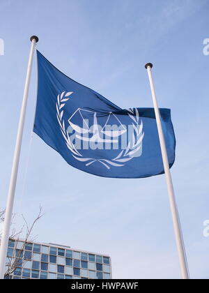 The Hague, Netherlands - March 27, 2016: The flag and the International Criminal Court at the new 2015 opened ICC building. Stock Photo