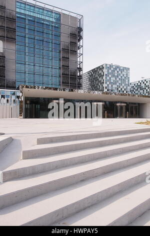 The Hague, Netherlands - March 27, 2016: Entrance steps of the International Criminal Court at the new 2015 opened ICC building. Stock Photo