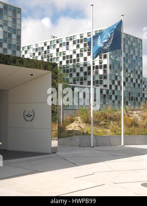 The Hague, Netherlands - July 5, 2016: The International Criminal Court entrance and Flag at the new 2016 opened ICC building. Stock Photo