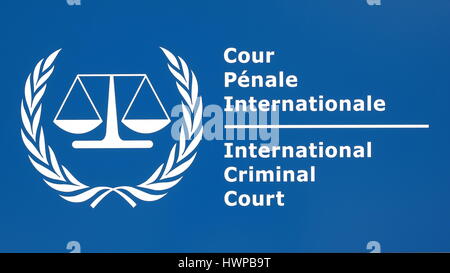 The Hague, Netherlands - July 5, 2016: The International Criminal Court entrance sign at the new 2016 opened ICC building. Stock Photo