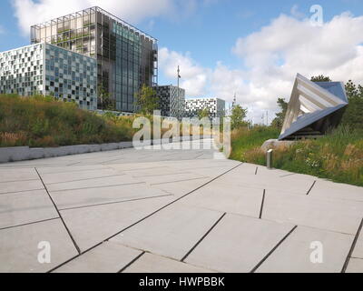 The Hague, Netherlands - July 5, 2016: The International Criminal Court forecourt and entrance at the new 2016 opened ICC building. Stock Photo
