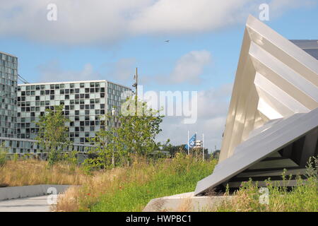 The Hague, Netherlands - July 5, 2016: The International Criminal Court forecourt, sculpture and entrance at the new 2016 opened ICC building. Stock Photo