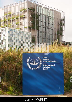 The Hague, Netherlands - July 5, 2016: The International Criminal Court entrance sign and the new 2016 opened ICC building. Stock Photo