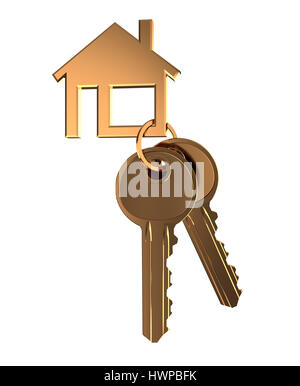 Two golden keys with ring isolated on white background. 3d rendering ...