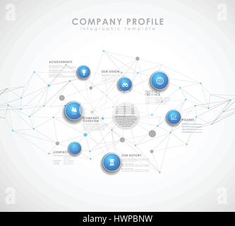 Company profile overview template with blue circles and dots - light version. Stock Vector
