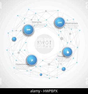 SWOT - (Strengths Weaknesses Opportunities Threats) business strategy mind map concept for presentations. Template with blue circles and dots - light  Stock Vector