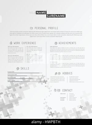 Creative simple cv template with grey plus signs in footer. Stock Vector