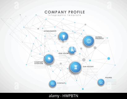 Company profile overview template with blue circles and dots - light version. Stock Vector