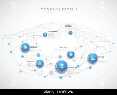 Company profile overview template with blue circles and dots - light version. Stock Vector
