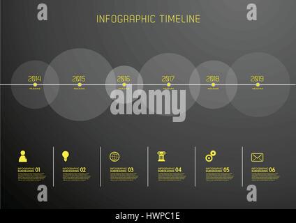 Infographic template with six circles and icons - dark version. Stock Vector
