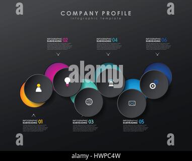 Infographic template with six circles and icons - dark version. Stock Vector