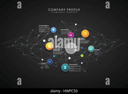 Company profile overview template with colorful circles and dots - dark version. Stock Vector