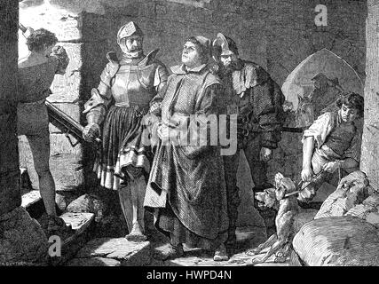 The arrival of Martin Luther on the Wartburg Castle, Germany, Martin Luther, 1483-1546, was the theological author of the Reformation, Augustinian hermit, Professor of theology, Reproduction of an original woodcut from the year 1882, digital improved Stock Photo