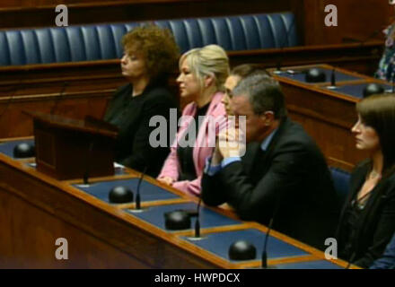 Sinn Fein leader Michelle O'Neill looks on as colleagues pay tribute to Martin McGuinness during a special sitting of the Northern Ireland Assembly. Stock Photo