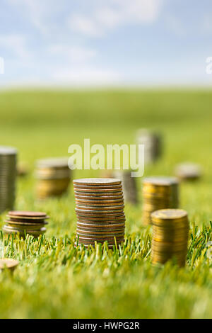 The columns of coins on grass Stock Photo