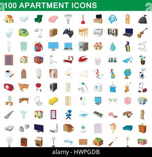 100 apartment icons set, cartoon style Stock Vector