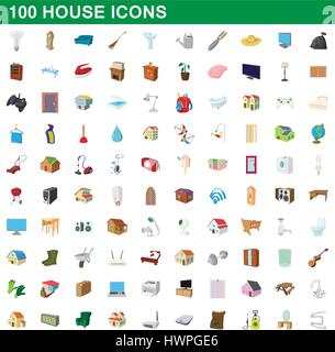 100 house icons set, cartoon style Stock Vector