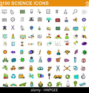100 science icons set, cartoon style Stock Vector