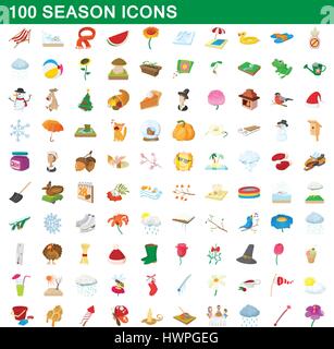 100 seasons icons set, cartoon style Stock Vector