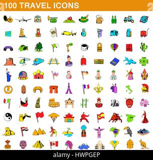100 travel icons set, cartoon style Stock Vector