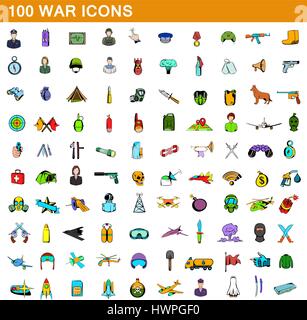 100 war icons set, cartoon style Stock Vector