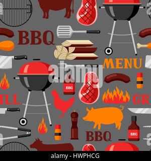 Bbq seamless pattern with grill objects and icons Stock Vector