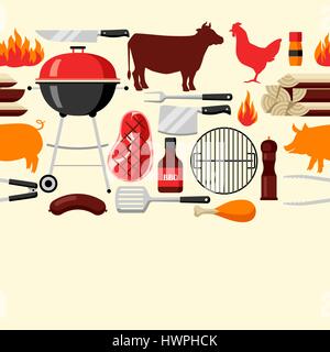 Bbq seamless pattern with grill objects and icons Stock Vector