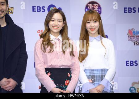 Seoul, Korea. 21st Mar, 2017. Park Mi-seon and April attend EBS Spring reorganization briefing in Seoul, Korea on 21th March, 2017.(China and Korea Rights Out) Credit: TopPhoto/Alamy Live News Stock Photo