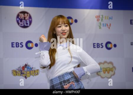 Seoul, Korea. 21st Mar, 2017. Park Mi-seon and April attend EBS Spring reorganization briefing in Seoul, Korea on 21th March, 2017.(China and Korea Rights Out) Credit: TopPhoto/Alamy Live News Stock Photo