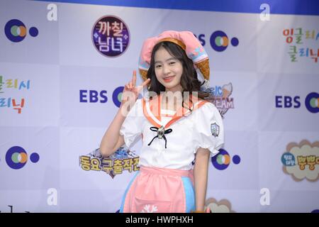 Seoul, Korea. 21st Mar, 2017. Park Mi-seon and April attend EBS Spring reorganization briefing in Seoul, Korea on 21th March, 2017.(China and Korea Rights Out) Credit: TopPhoto/Alamy Live News Stock Photo