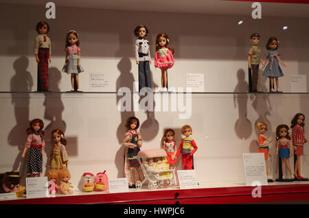 Tokyo, Japan. 22nd Mar, 2017. Vintage Licca-chan dolls are displayed for the Licca-chan dolls exhibition to celebrate the doll's 50th birthday at the Matsuya department store in Tokyo on Wednesday, March 22, 2017. An exhibition of Licca-chan dolls, Japanese toy giant Tomy sold over 60 million units in the world, started here for the 50th anniversary through April 3. Credit: Yoshio Tsunoda/AFLO/Alamy Live News Stock Photo