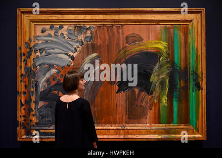 London, UK.  22 March 2017.  A staff member views 'Portrait of the Artist Listening to Music', 2011-2016, by Howard Hodgkin, a recently completed self-portrait, exhibited for the first time.  Press preview of 'Howard Hodgkin: Absent Friends', the first ever exhibition devoted to the portraits of the British painter Howard Hodgkin, who died on 9 March aged 84.  Taking place at the National Portrait Gallery, the exhibition runs 23 March to 18 June 2017. Credit: Stephen Chung / Alamy Live News Stock Photo