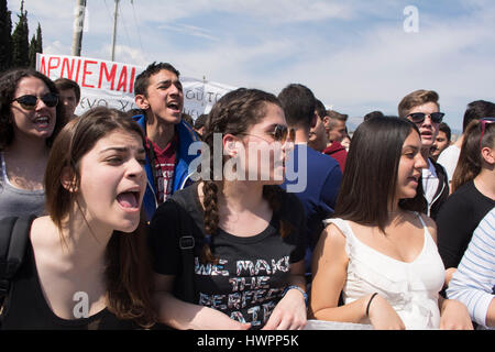 Athens, Greece. 22nd March 2017. Students shout slogans against the current education system and the recent reforms implemented by the Ministry of Education. High school students gathered outside the Ministry of Education to protest over the education system. Credit: Nikolas Georgiou/Alamy Live News Stock Photo