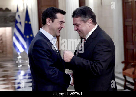 Athens, Greece. 22nd Mar, 2017. German foreign minister Sigmar Gabriel (R) is received by Greek prime minister Alexis Tsipras in Athens, Greece, 22 March 2017. Photo: Angelos Tzortzinis/dpa/Alamy Live News Stock Photo