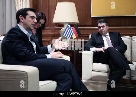Athens, Greece. 22nd Mar, 2017. German foreign minister Sigmar Gabriel (R) is received by Greek prime minister Alexis Tsipras in Athens, Greece, 22 March 2017. Photo: Angelos Tzortzinis/dpa/Alamy Live News Stock Photo
