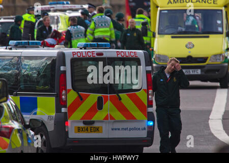  Westminster Bridge, London, UK. 22nd March 2017. UK  Emergency services treating injured pedestrians after today's . Credit: Jeff Gilbert/Alamy Live News