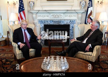 Washington, USA. 22nd Mar, 2017. U.S. Secretary of State Rex Tillerson meets with U.K Foreign Secretary Boris Johnson during a bilateral meeting at the Department of State March 22, 2017 in Washington, DC. Tillerson is meeting Johnson on the sidelines of the Meeting of the Ministers of the Global Coalition on the Defeat of ISIS. Credit: Planetpix/Alamy Live News Stock Photo