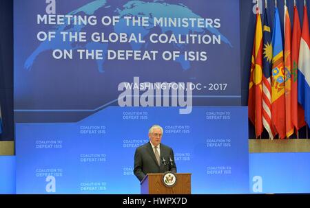 Washington, USA. 22nd Mar, 2017. U.S. Secretary of State Rex Tillerson delivers opening remarks at the Global Coalition Working to Defeat ISIS meeting March 22, 2017 in Washington, DC Credit: Planetpix/Alamy Live News Stock Photo