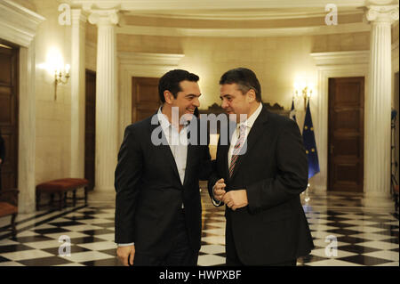 Athens. 22nd Mar, 2017. Greek Prime Minister Alexis Tsipras (L) meets with German Vice Chancellor and Foreign Minister Sigmar Gabriel in Athens, Greece on March 22, 2017. German Vice Chancellor and Foreign Minister Sigmar Gabriel on Wednesday called for more cooperation between all sides to conclude in April the second review of Greece's third bailout. Credit: Marios Lolos/Xinhua/Alamy Live News Stock Photo