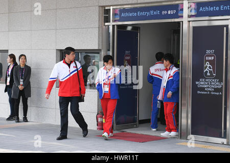 Kwandong, South Korea. 4th April, 2017. Kwandong, North Korea. 4th Apr, 2017. North Korea Womens ice hockey team leave the Kwandong hockey centre after morning skate, they face off against Great Britain tomorrow. Credit: Karl Denham/Alamy Live News Stock Photo