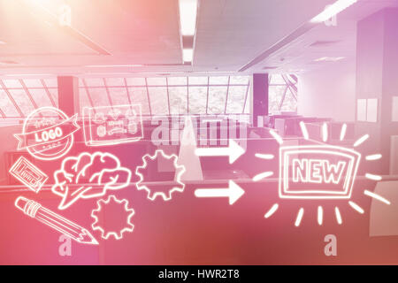 Composite image of different icons with new box against empty office with separate units 3d Stock Photo