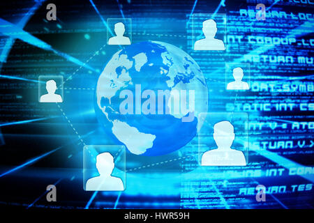 Global technology background against abstract blue text 3d Stock Photo