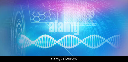 DNA helix interface against spiral of shiny binary code Stock Photo
