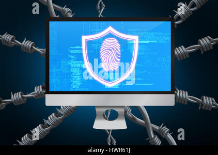 Fingerprint against blue background with vignette 3d Stock Photo