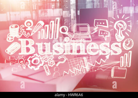 Composite image of business text surrounded with different computer icons against empty conference room 3d Stock Photo