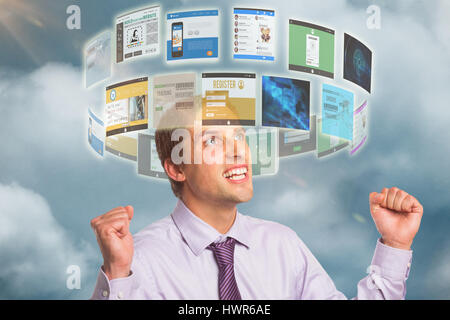 Elegant businessman cheering with clenched hands against white background against dark blue background 3d Stock Photo