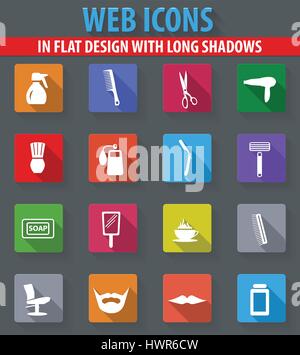 It is a set of barbershop web icons in flat design with long shadows Stock Vector