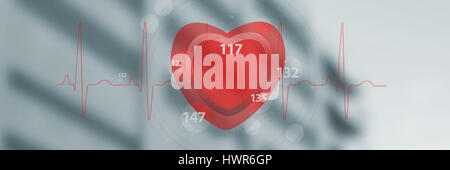 Application of heart rate against low angle view of defocused building 3d Stock Photo